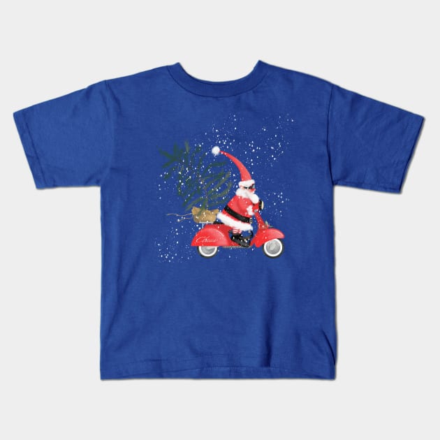 Santa on His Scooter Kids T-Shirt by DesignCat